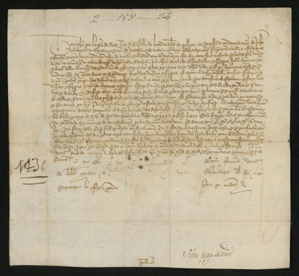 Miniatura de Provisión de Juan II ordenando a la Villa de Madrid pague al bachiller Juan Alfonso de Toledo, mil quinientos maravedís que se le adeudan por ciertas pesquisas hechas en la dicha Villa