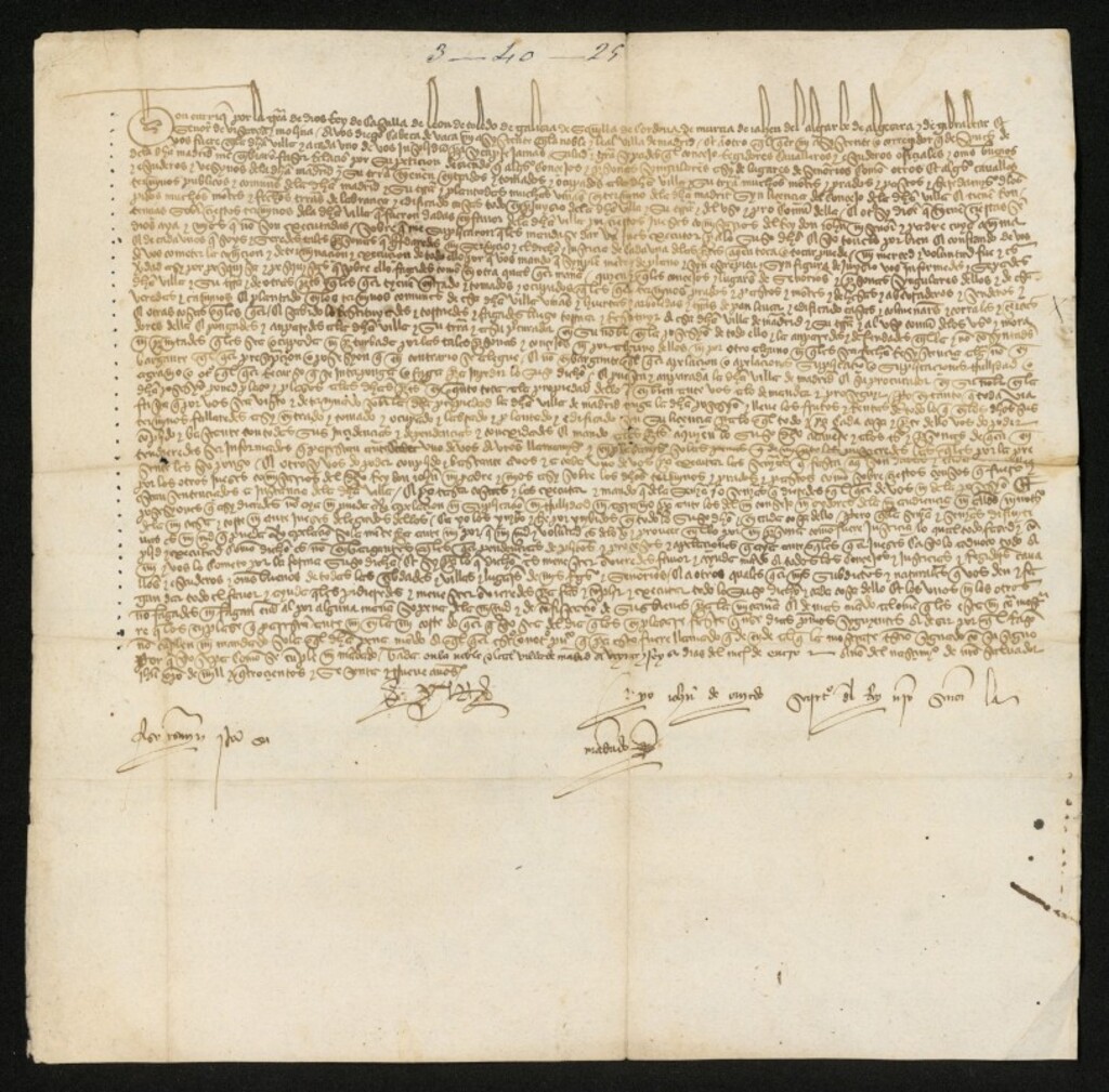 Miniatura de Provisión de Enrique IV encomendando a Diego Cabeza de Vaca, asistente real en la villa de Madrid, la ejecución de las sentencias dadas a la Villa sobre devolución de los términos que le tenían ocupados
