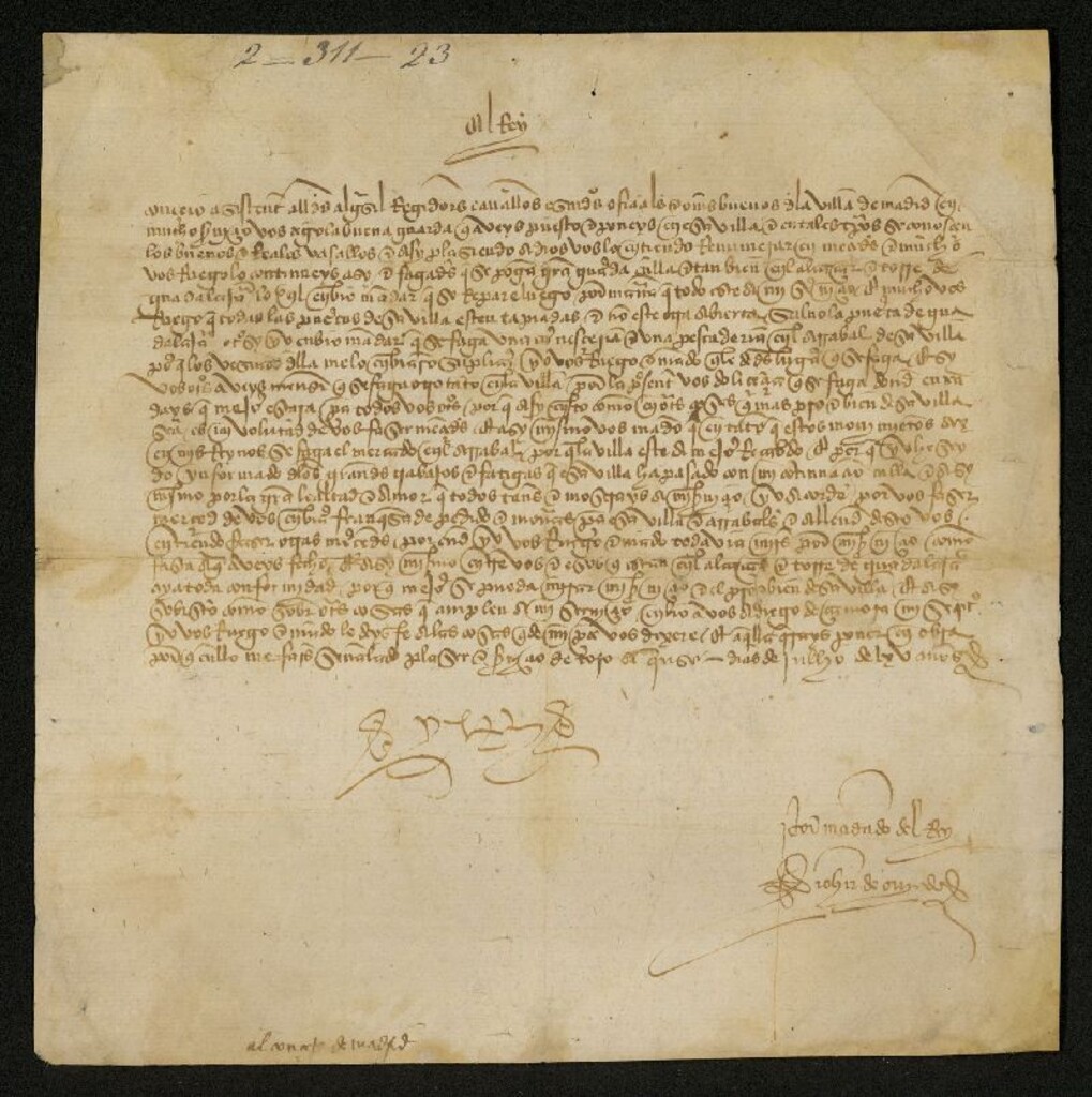 Miniatura de Real Cédula de Enrique IV ordenando al Concejo de Madrid que guarde el Alcázar y la Puerta de Guadalajara y que mantengan cerradas todas las demás puertas de la muralla