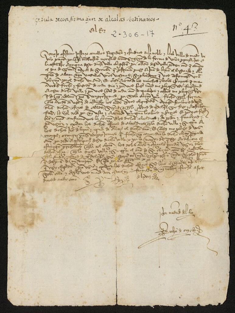 Miniatura de Real Cédula de Enrique IV otorgando a Madrid la facultad de elección de sus alcaldes ordinarios y confirmando a sus candidatos Juan de Luján, el bastardo y García de Alcocer