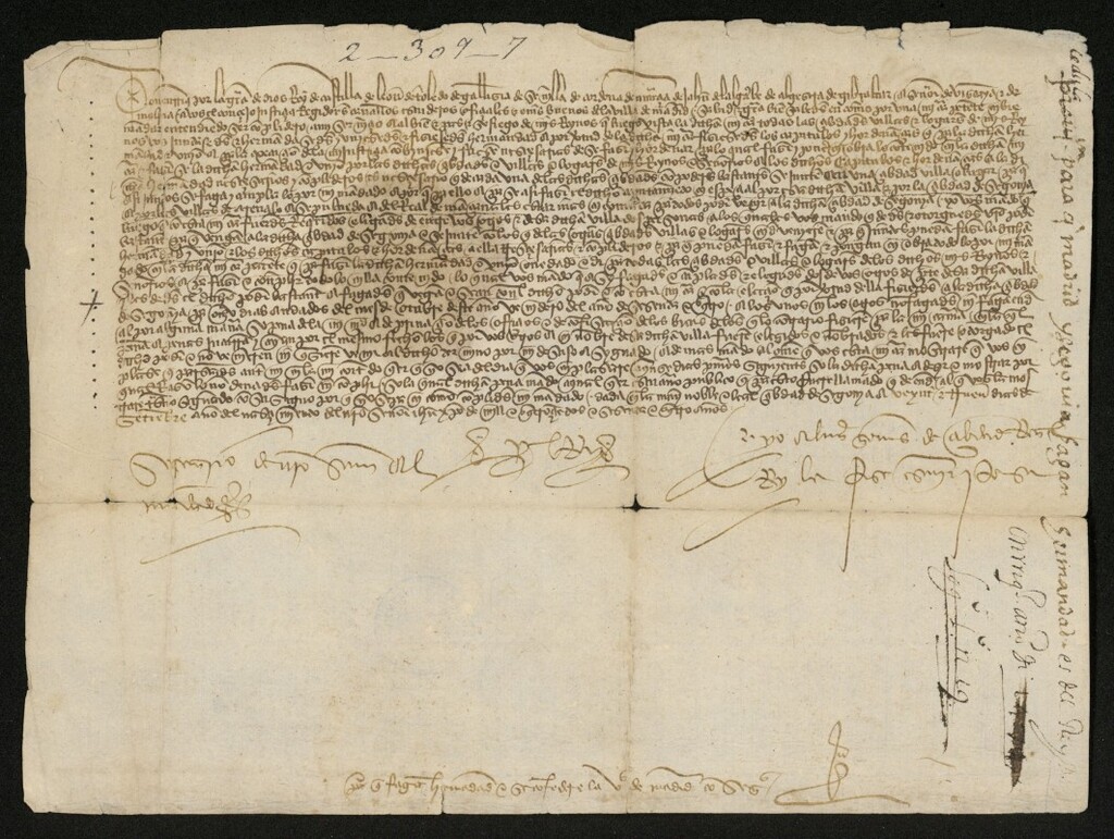 Miniatura de Provisión de Enrique IV ordenando a Madrid envíe sus procuradores a Segovia para la formación de la Hermandad con dicha ciudad y otras del reino, con el fin de perseguir a los criminales