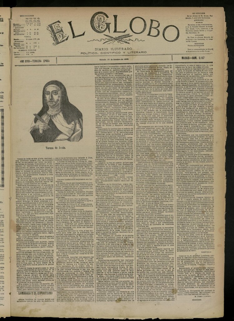 Miniatura de El Globo : diario ilustrado del 15 de octubre de 1892, nº 6187