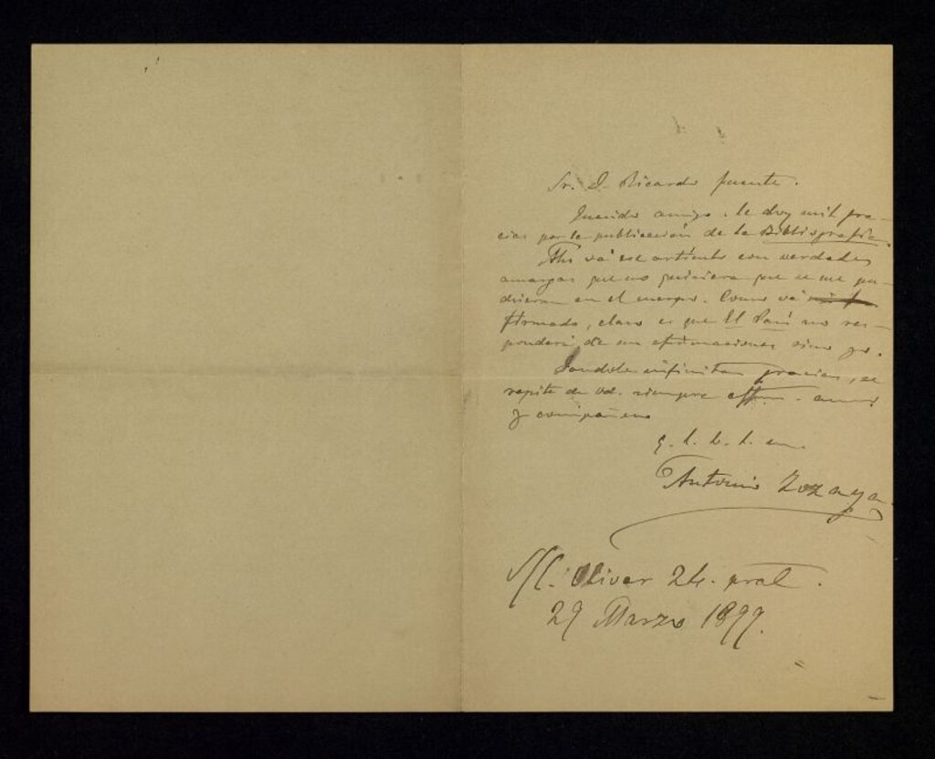 Miniatura de Carta de Antonio Zozaya a Ricardo Fuente agradeciéndole la publicación de la Bibliografía y mandándole un artículo para "El País"