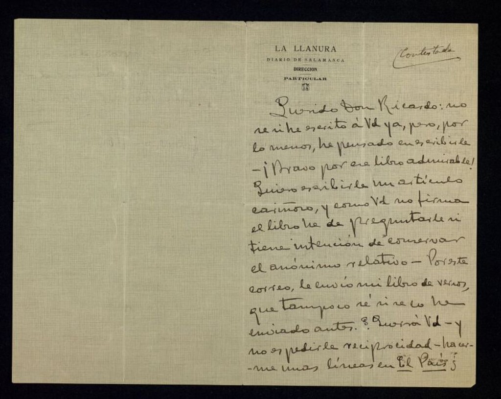Miniatura de Carta de Alberto Valero Martín a Ricardo Fuente dándole la enhorabuena por su libro y remitiéndole, por su parte, el libro de versos de Valero para que lo reseñe en "El País"; además le habla de su hija y sus proyectos literarios