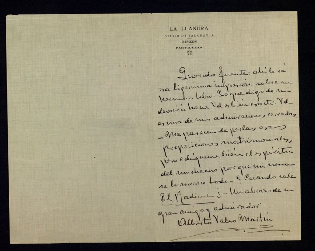 Miniatura de Carta de Alberto Valero Martín a Ricardo Fuente remitiéndole una impresión sobre su libro; además le pregunta cuando va a salir "El Radical"