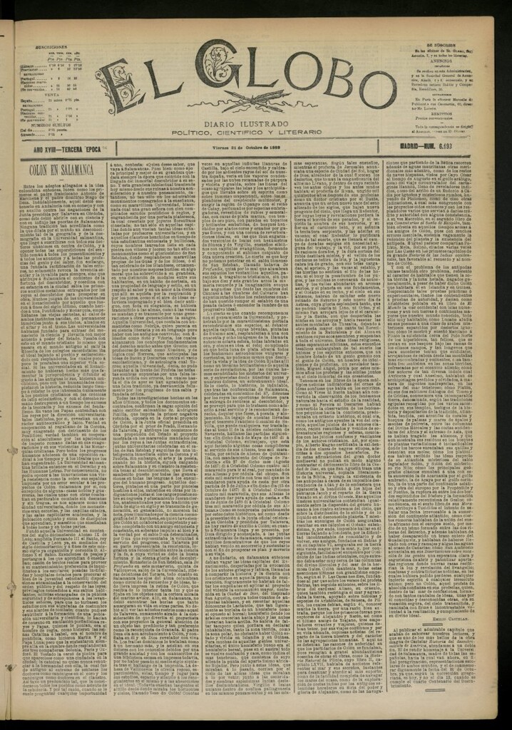 Miniatura de El Globo : diario ilustrado del 21 de octubre de 1892, nº 6193