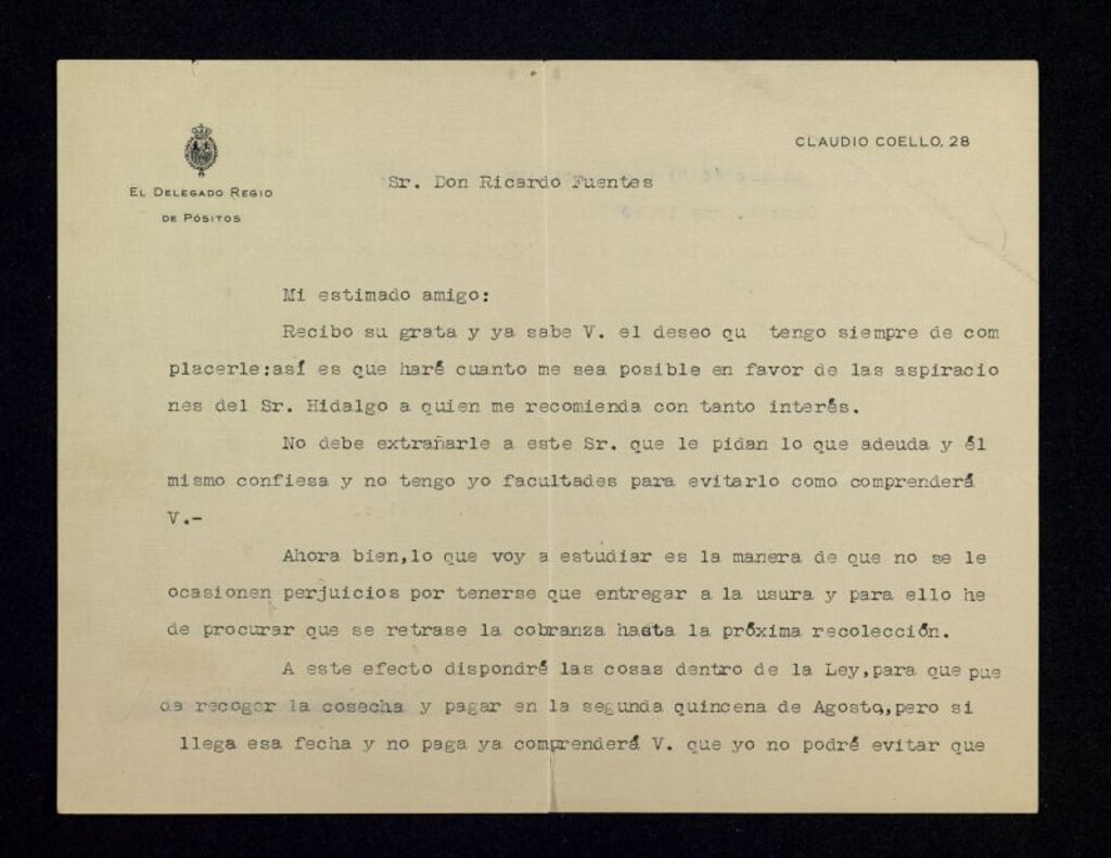 Miniatura de Carta del marqués de Valdeiglesias a Ricardo Fuente diciéndole que intentará resolver el problema con la deuda que tiene el Sr. Hidalgo, recomendado de Fuente