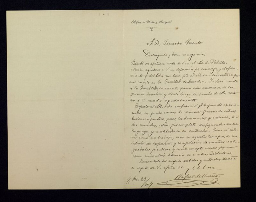 Miniatura de Carta de Rafael de Ureña a Ricardo Fuente agradeciéndole su donación del Manuscrito de Padilla al Museo-laboratorio que ha creado en la Facultad de Derecho de Madrid