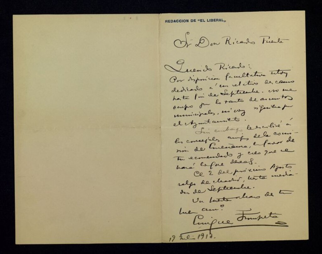 Miniatura de Carta de Enrique Trompeta a Ricardo Fuente diciéndole que ha escrito a otros concejales del Ayuntamiento de Madrid en favor de su recomendado