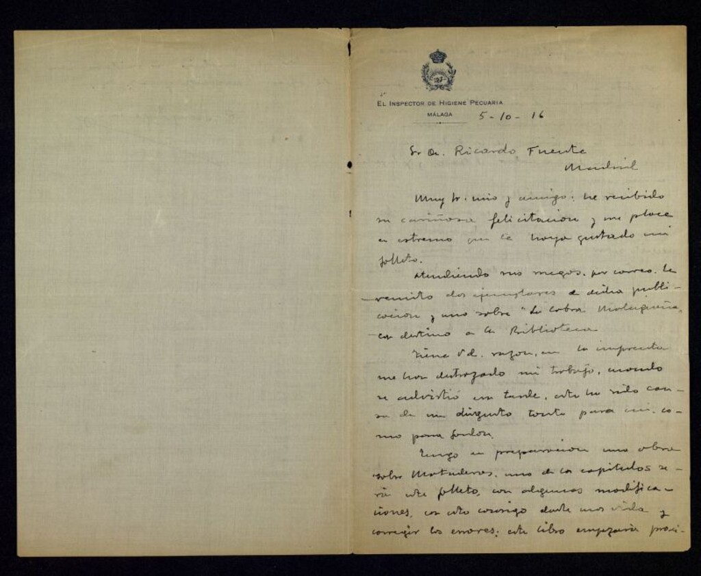 Miniatura de Carta de Cesáreo Sanz Egaña a Ricardo Fuente remitiéndole ejemplares, para la Biblioteca Municipal de Madrid, de sus folletos sobre el Matadero de Madrid y la cabra malagueña; además le anuncia una nueva publicación sobre mataderos y le pide a Fuente datos sobre una obra de Timoteo Domingo Palacio