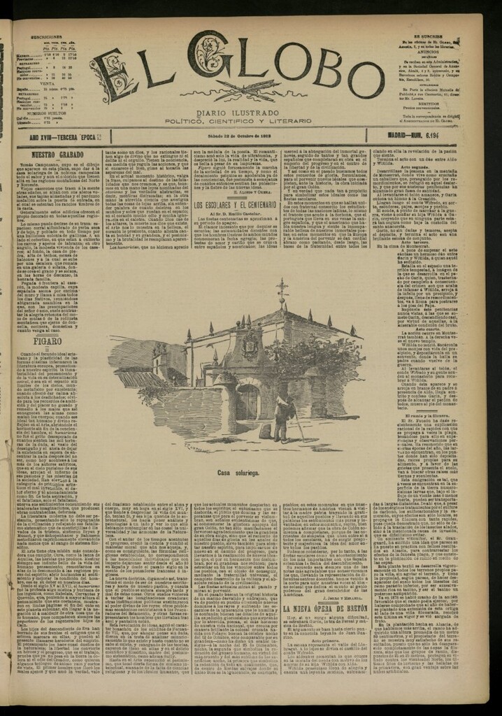 Miniatura de El Globo : diario ilustrado del 22 de octubre de 1892, nº 6194