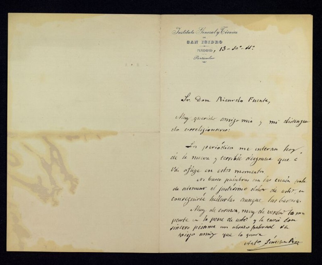 Miniatura de Carta de Antonio Sánchez Pérez a Ricardo Fuente dándole de nuevo el pésame