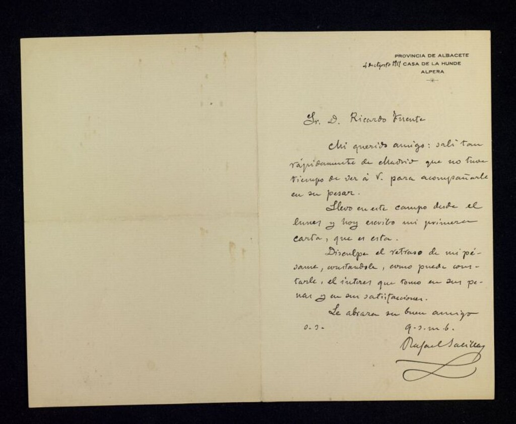 Miniatura de Carta de Rafael Salillas a Ricardo Fuente dándole el pésame