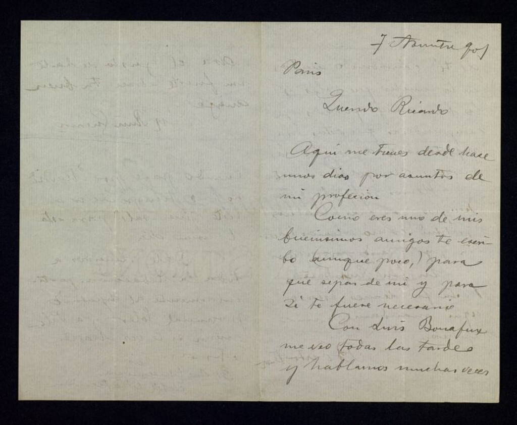 Miniatura de Carta de M. Ruiz Guerrero a Ricardo Fuente comentándole que está en Paris con Luis Bonafoux acordándose de él