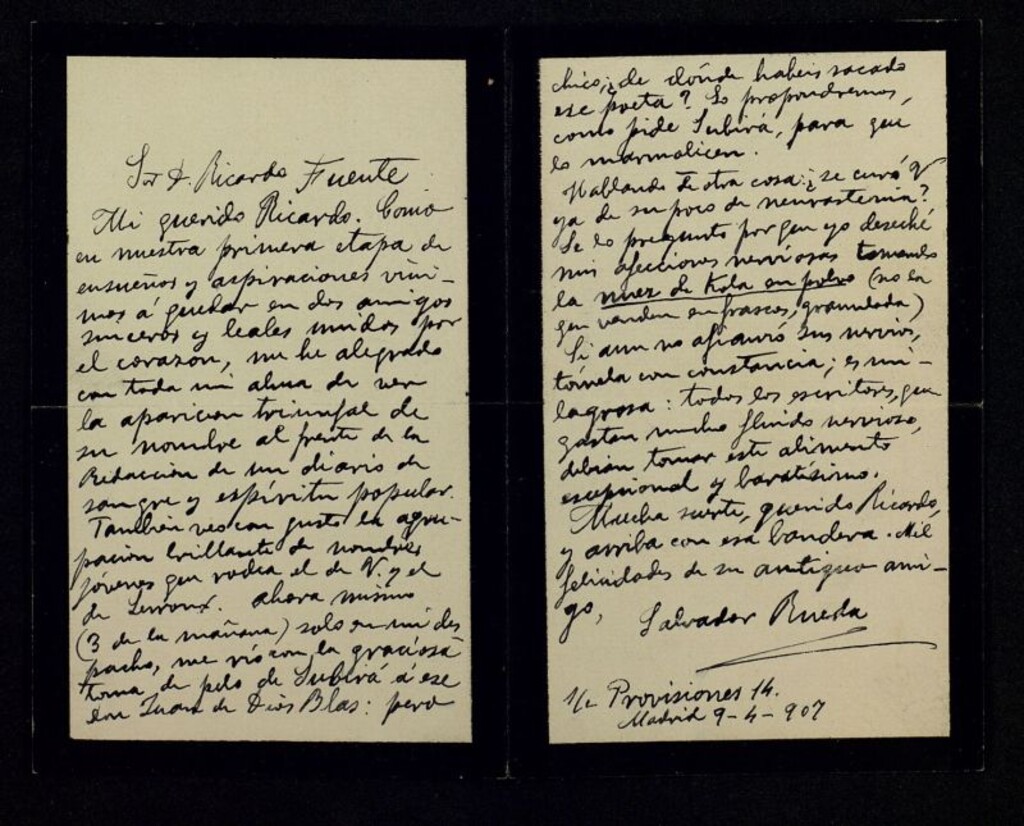 Miniatura de Carta de Salvador Rueda a Ricardo Fuente felicitándole por el nuevo periódico del cual es director; además cita a Subirá, Juan De Dios Blas y le recomienda tomar nuez de Kola para curar su neurastenia nerviosa