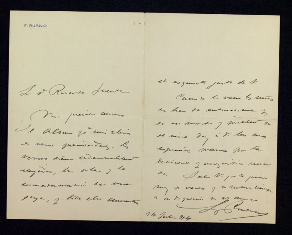 Miniatura de Carta de Francisco Ruano a Ricardo Fuente sobre un álbum que está muy bien encuadernado