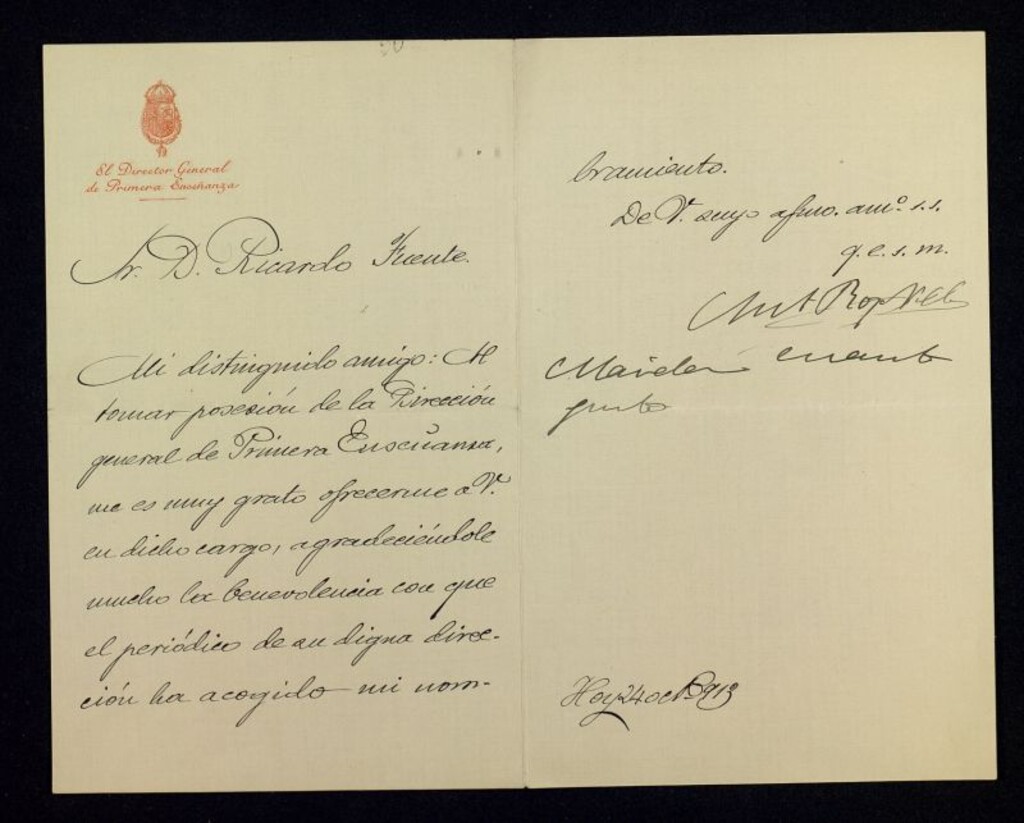 Miniatura de Carta de Antonio Royo Villanova a Ricardo Fuente ofreciéndose a su servicio tras su nombramiento en la Dirección General de Primera Enseñanza