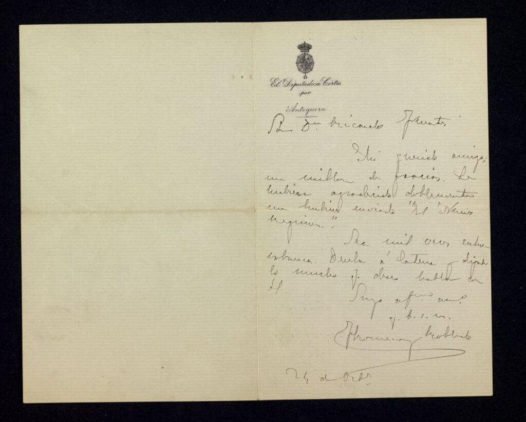 Miniatura de Carta de Francisco Romero Robledo a Ricardo Fuente dándole las gracias y enhorabuena y pidiéndole el libro "El nuevo Régimen"