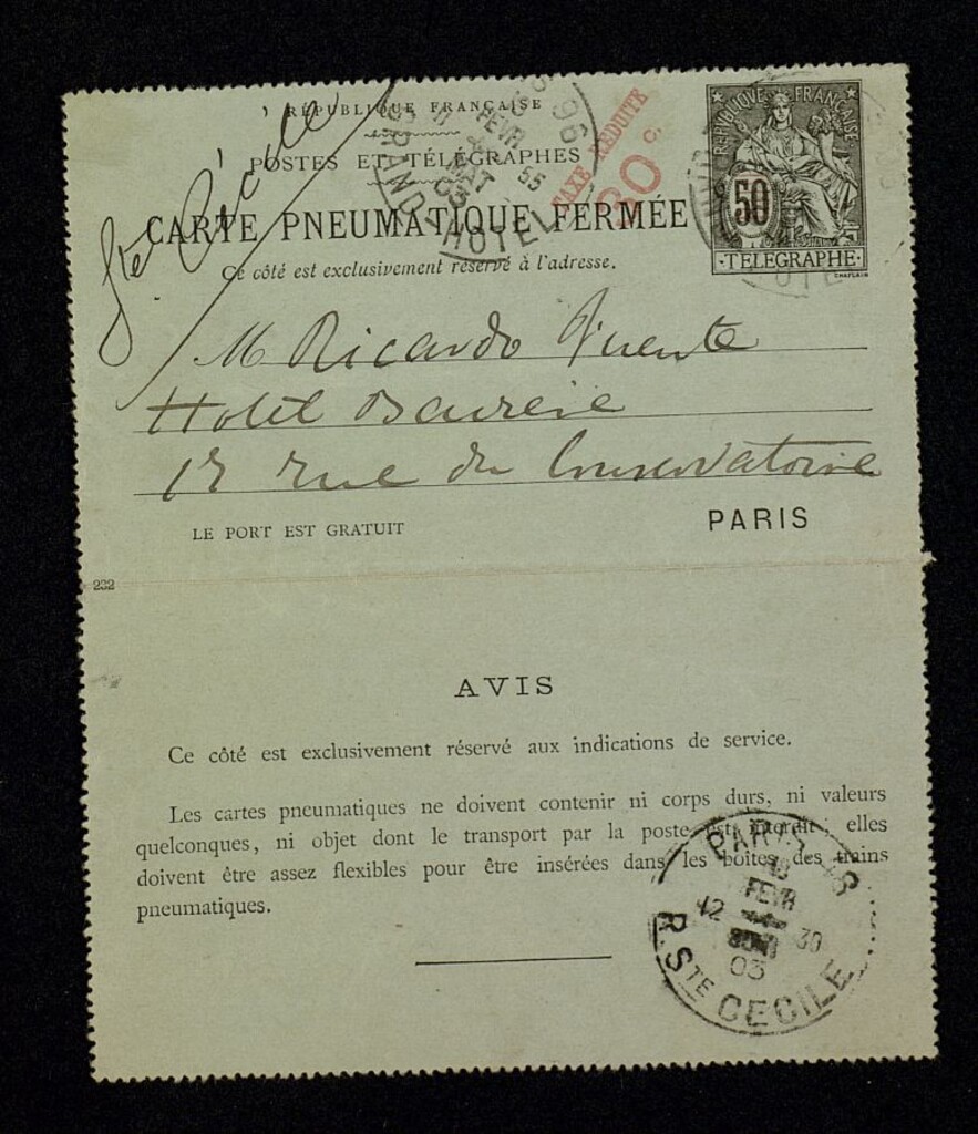 Miniatura de Carta del Conde de Romanones a Ricardo Fuente para concretar una cita con el mismo en Paris