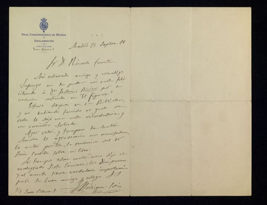Miniatura de Carta de Enrique Rodríguez Solís a Ricardo Fuente comentándole no lo ha encontrado en la biblioteca y preguntándole por la resolución de Ruíz Castillo sobre su libro; además cita a Sixto Cámara