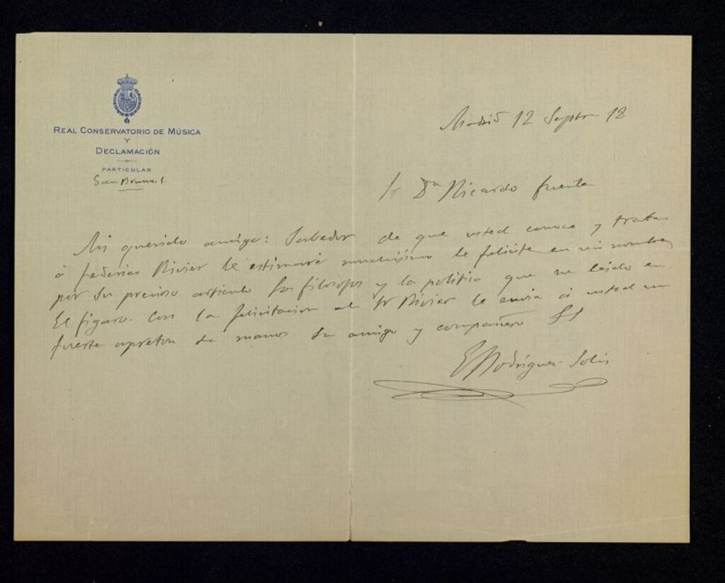 Miniatura de Carta de Enrique Rodríguez Solís a Ricardo Fuente pidiéndole felicite de su parte a Federico Rivier por su artículo "Los filósofos y la política" en "El Fígaro"