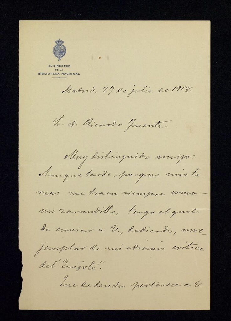 Miniatura de Carta de Francisco Rodríguez Marín a Ricardo Fuente remitiéndole un ejemplar de su edición crítica de "El Quijote" en cuyo tomo sexto se le cita