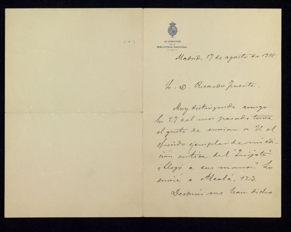 Miniatura de Carta de Francisco Rodríguez Marín a Ricardo Fuente preguntando por un ejemplar de su edición crítica de "El Quijote" que mandó a su domicilio en Alcalá, 123; además le pide agilice la compra de otro ejemplar de la edición monumental por parte del Ayuntamiento de Madrid; ejemplar producto de la liquidación con Ricardo Marín