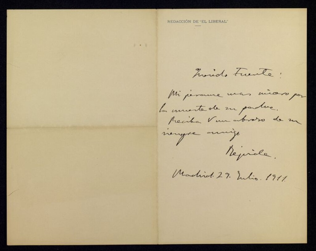 Miniatura de Carta de Pedro de Répide a Ricardo Fuente dándole el pésame por la muerte de su padre