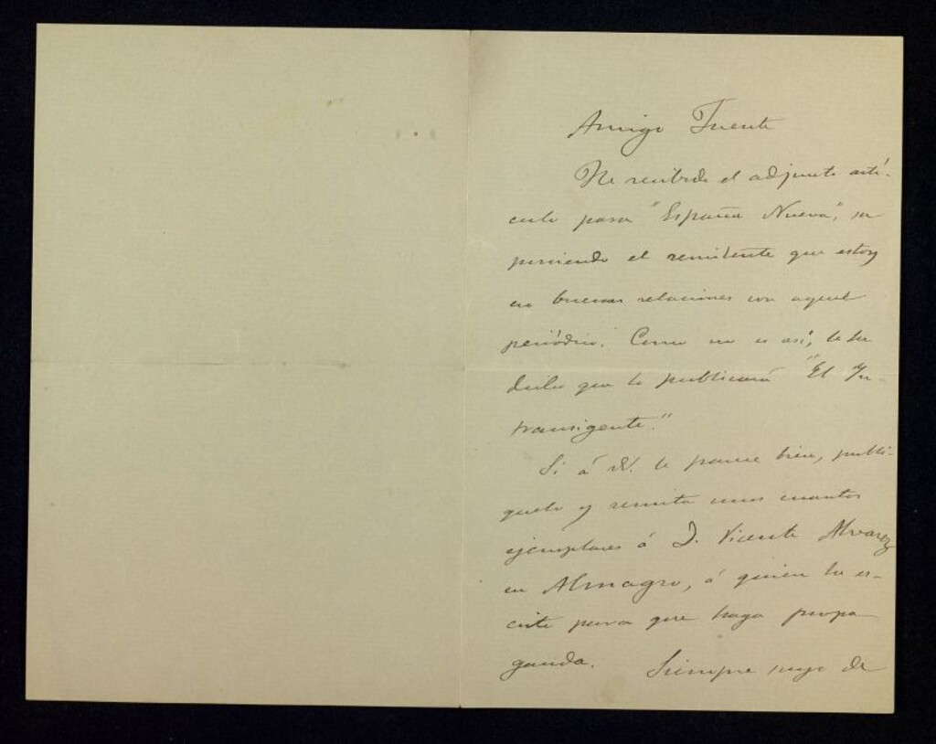 Miniatura de Carta de Emilio Prieto a Ricardo Fuente remitiéndole un artículo, de Vicente Álvarez en Almagro, para que lo publique en "El intransigente