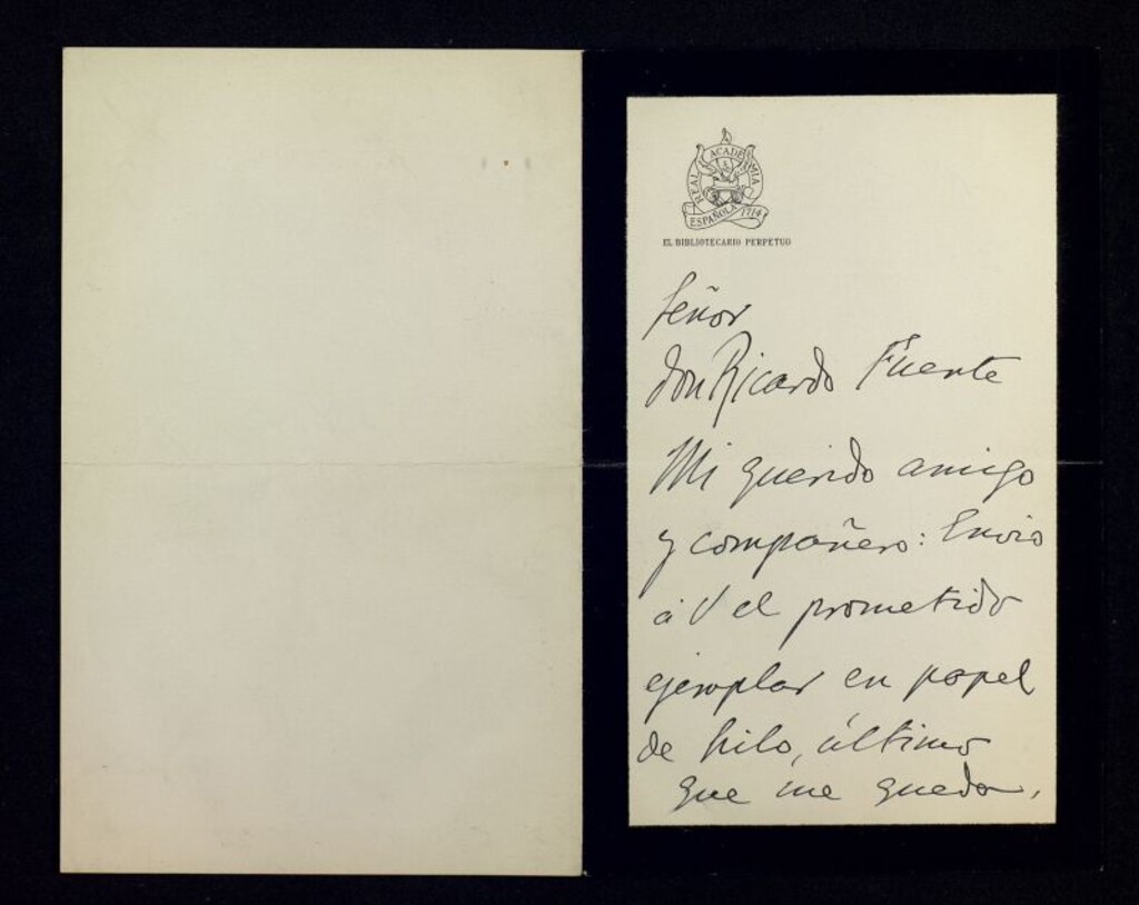 Miniatura de Carta de Jacinto Octavio Picón a Ricardo Fuente remitiéndole ejemplares de sus obras para la Biblioteca Municipal de Madrid