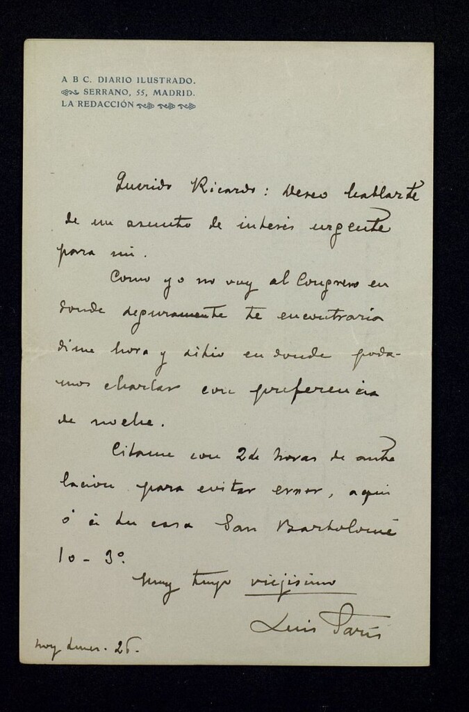 Miniatura de Carta de Luis París a Ricardo Fuente pidiéndole una reunión para tratar de un tema urgente