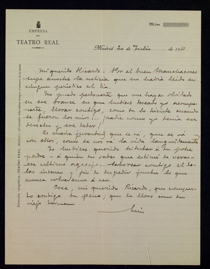 Miniatura de Carta de Luis París a Ricardo Fuente dándole el pésame al haberse enterado por Morrchacoses (?) de la muerte de su padre