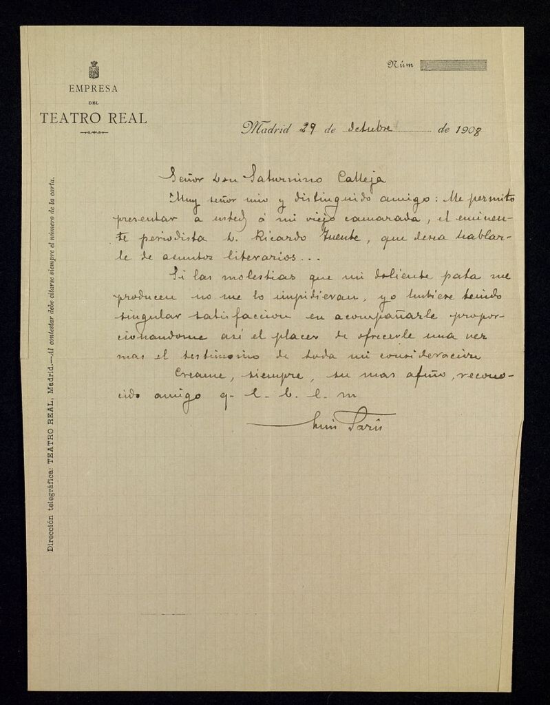 Miniatura de Carta de Luis París a Saturnino Calleja recomendándole a Ricardo Fuente para tratar de temas literarios