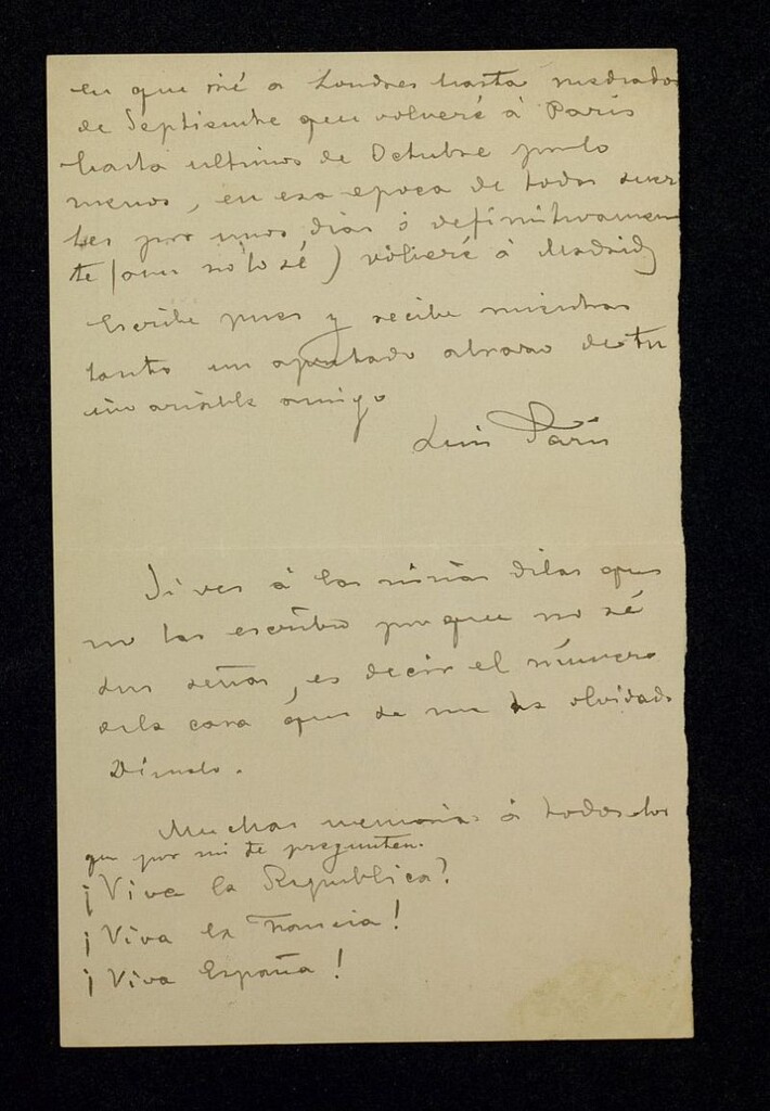 Miniatura de Carta de Luis París a Ricardo Fuente comunicándole se va a Londres, luego a París y que acabara volviendo a Madrid