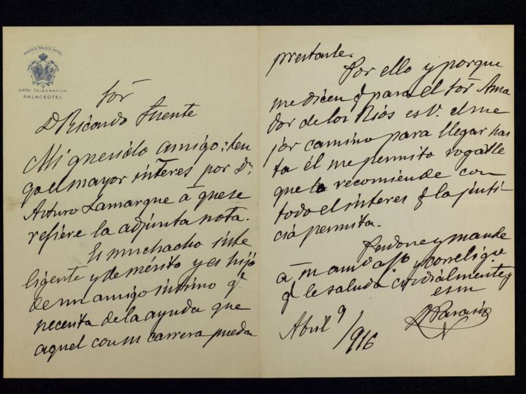 Miniatura de Carta de Basilio Paraíso a Ricardo Fuente pidiéndole que recomiende a Arturo Lamargne a Amador de los Ríos
