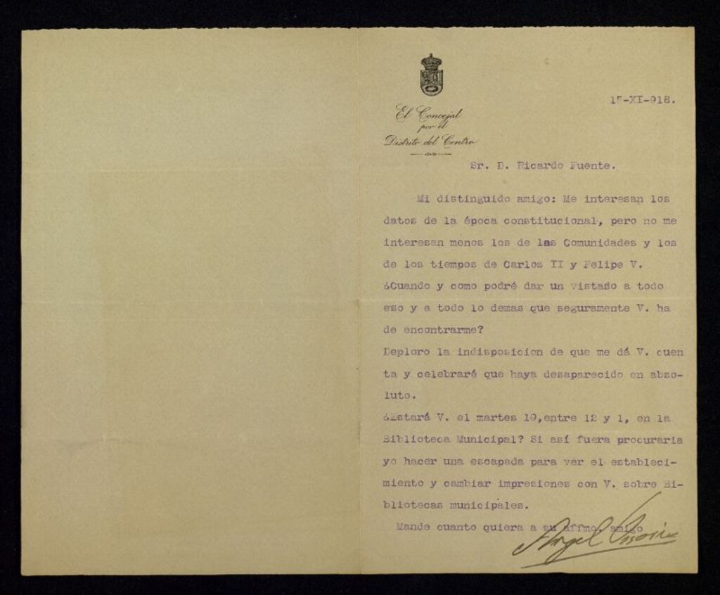 Miniatura de Carta de Ángel Ossorio a Ricardo Fuente anunciándole una visita a la Biblioteca Municipal de Madrid para buscar documentación y hablar sobre bibliotecas municipales