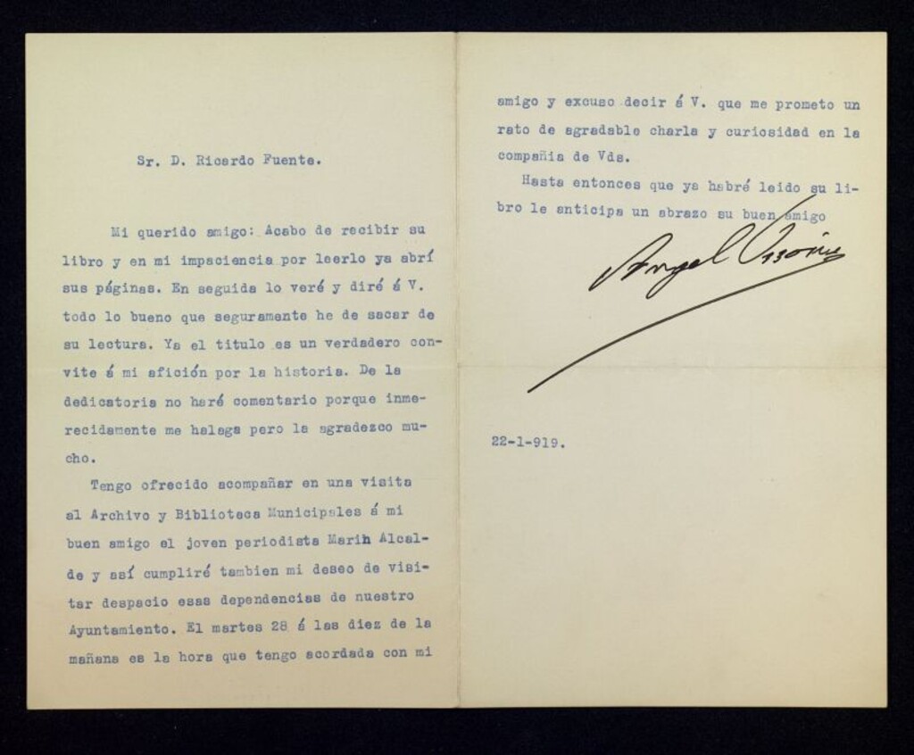 Miniatura de Carta de Ángel Ossorio a Ricardo Fuente agradeciéndole el envío de su libro y anunciando una visita al archivo y biblioteca municipales de Madrid con el joven periodista Marín Alcalde