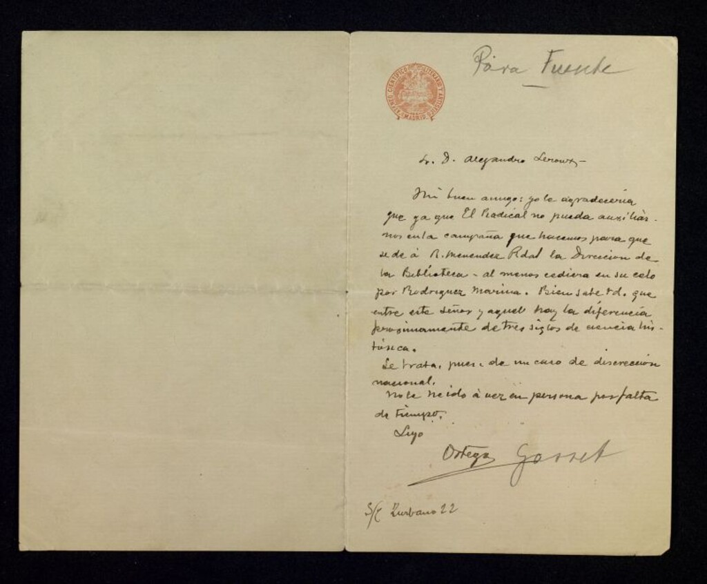 Miniatura de Carta de José Ortega y Gasset a Alejandro Lerroux pidiéndole que ya que "El Radical" no apoya la campaña a favor de que Menéndez Pidal sea Director de la Biblioteca Nacional de España, al menos que no apoye a Francisco Rodríguez Marín para ese mismo puesto