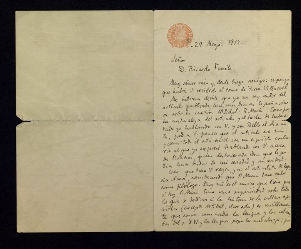 Miniatura de Carta de Federico de Onís a Ricardo Fuente aclarándole que él no es el autor del artículo publicado en "España Nueva" sobre la polémica entre Menéndez Pidal y Francisco Rodríguez Marín; además menciona a Bello