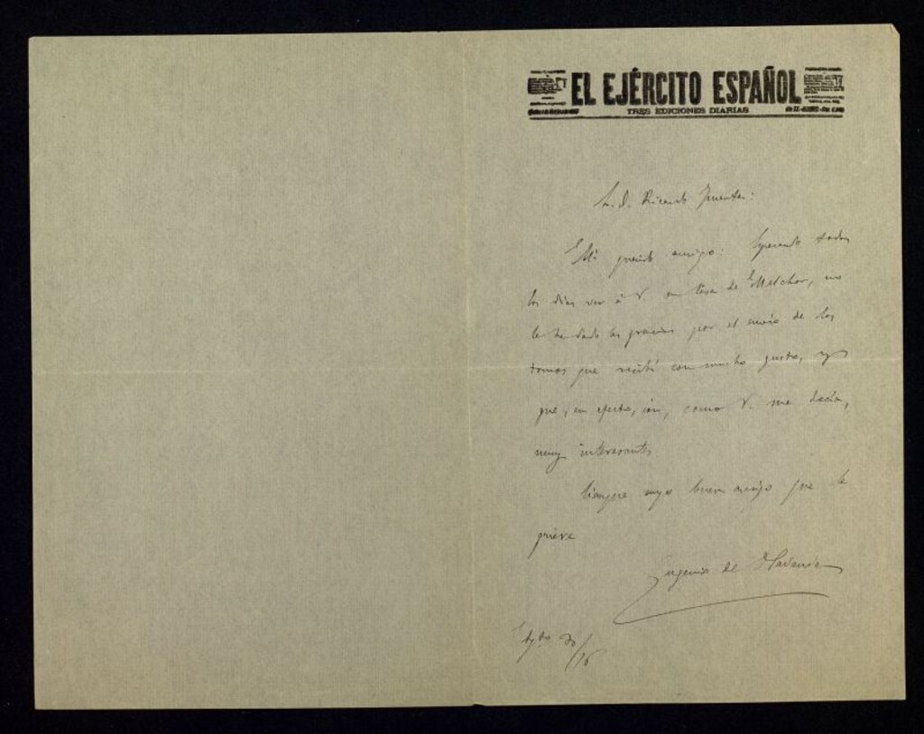 Miniatura de Carta de Eugenio de Olavarría a Ricardo Fuente esperando verle en casa de Melchor y agradeciéndole el envío de dos libros