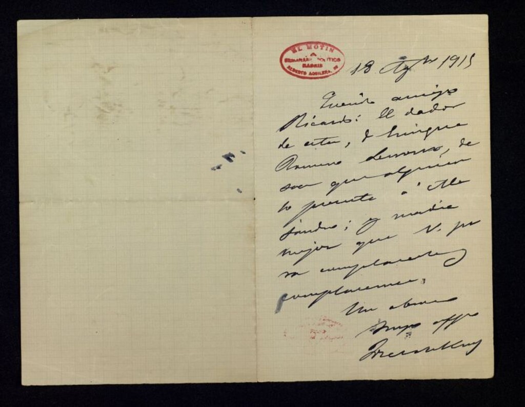 Miniatura de Carta de José Nakens a Ricardo Fuente en la que menciona a Lerroux
