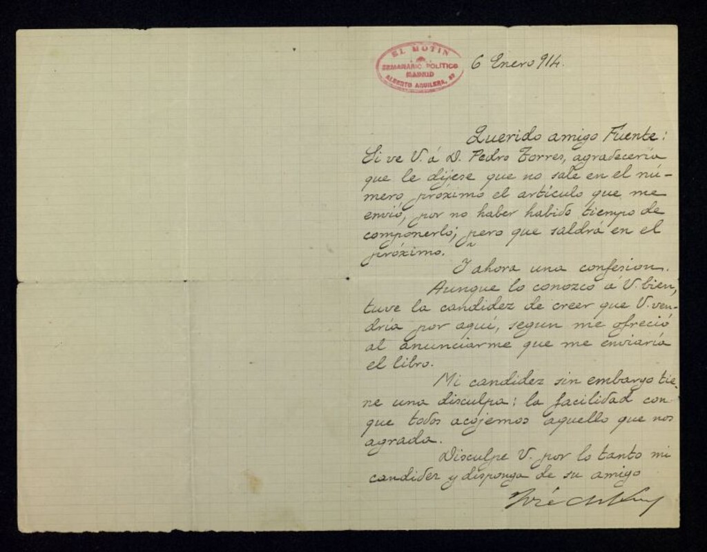 Miniatura de Carta de José Nakens a Ricardo Fuente sobre un artículo de Pedro Torres