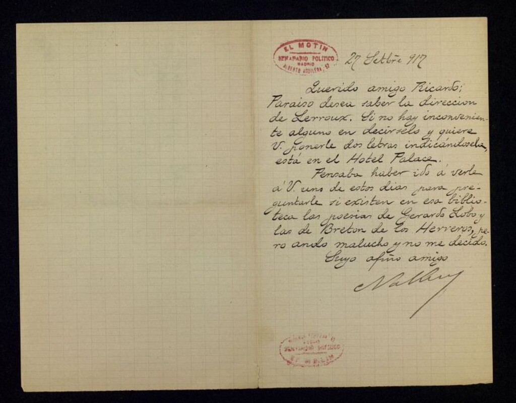 Miniatura de Carta de José Nakens a Ricardo Fuente pidiéndole la dirección de Lerroux para Paraiso y preguntando si en la Biblioteca Municipal de Madrid hay libros de Gerardo Lobo y Bretón de los Herreros