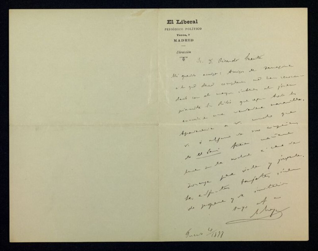 Miniatura de Carta de Miguel Moya a Ricardo Fuente pidiéndole que vaya, o mande a algún redactor de "El País", al concierto del joven pianista (Ribio?)