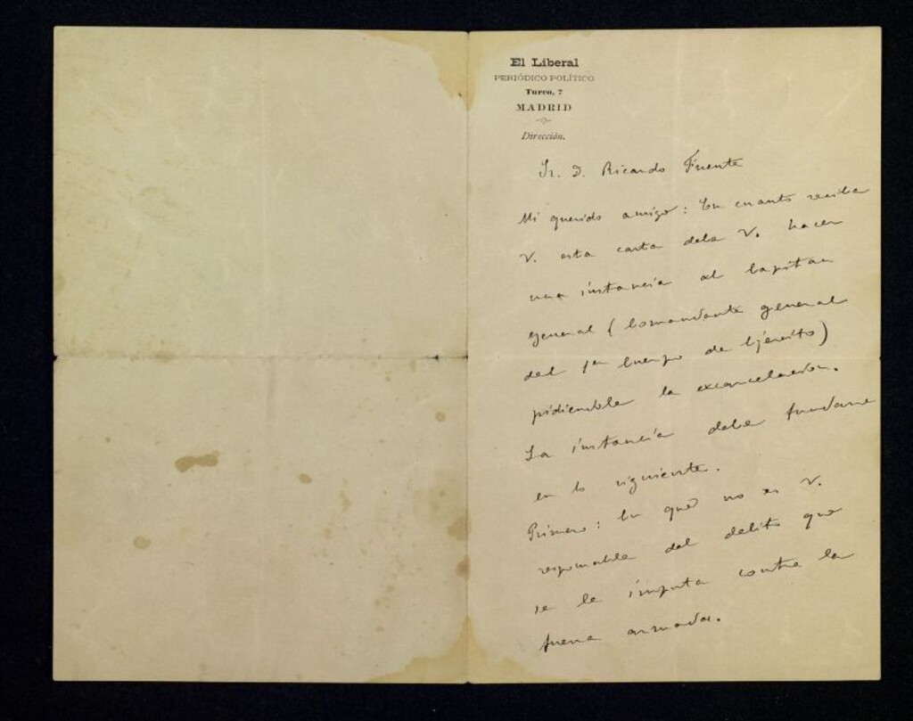 Miniatura de Carta de Miguel Moya a Ricardo Fuente pidiéndole que haga una instancia al Capitán General Militar, General Primo de Rivera, para que le excarcelen