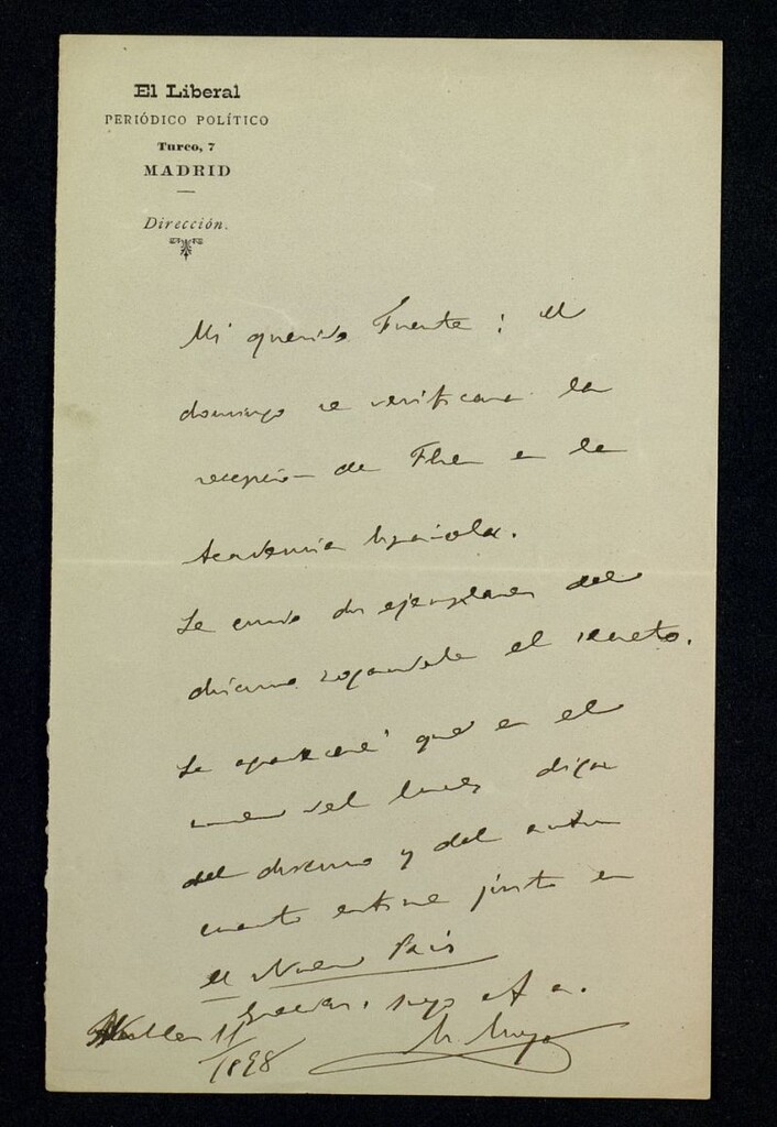 Miniatura de Carta de Miguel Moya a Ricardo Fuente remitiéndole dos ejemplares del discurso de (Fene?) en su recepción por la Real Academia Española