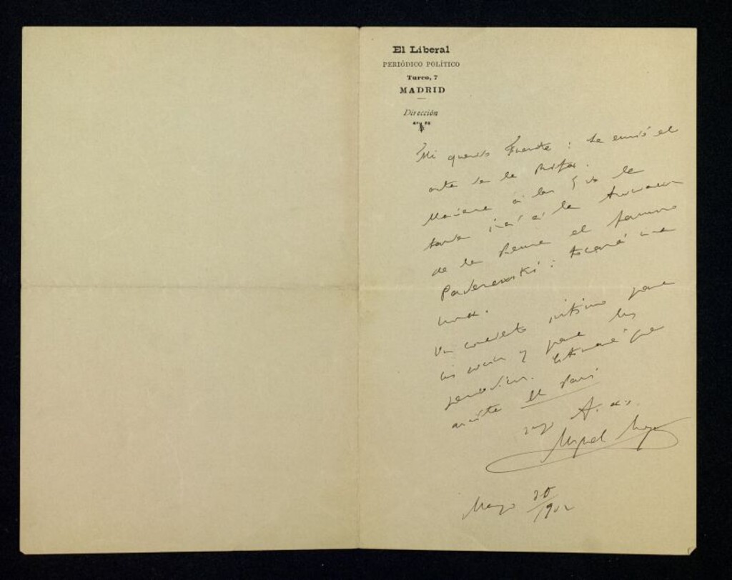 Miniatura de Carta de Miguel Moya a Ricardo Fuente invitándole al concierto que va a dar Paderewski en la Asociación de la Prensa