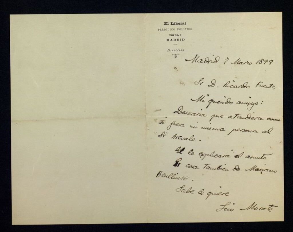 Miniatura de Carta de Luis Morote a Ricardo Fuente recomendándole, de su parte y de la de Mariano Benlliure, a Arévalo
