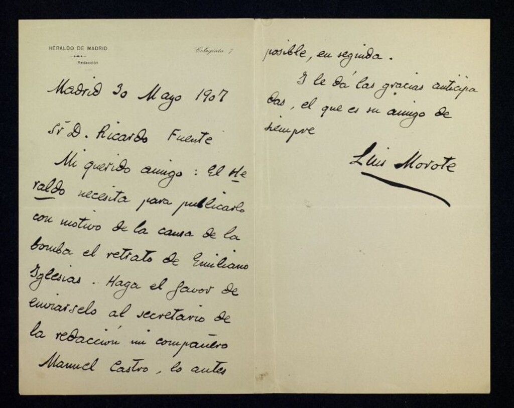 Miniatura de Carta de Luis Morote a Ricardo Fuente pidiéndole que mande el retrato de Emiliano Iglesias al redactor de "El Heraldo", Manuel Castro, ya que lo necesita para un artículo sobre la causa de la bomba