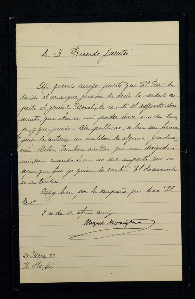 Miniatura de Carta de Miguel Morayta a Ricardo Fuente felicitándole por la campaña de "El País" sobre el general Monet y remitiéndole un documento al respecto